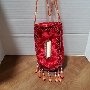 Red Velvet Amulet Bag Crossbody Shoulder Purse  Beaded Strap 5.5” X 3”